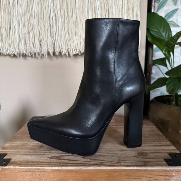 Zara Black Genuine Leather Pointy Toe Inner Zipper Platform Ankle Boots Size 8 - Picture 7 of 13